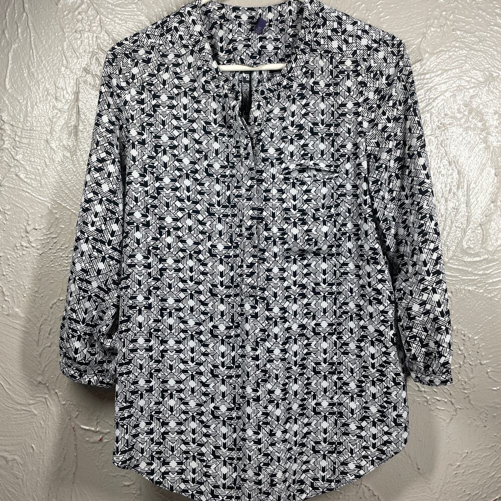 NYDJ Women's Geometric 3/4 Sleeve Henley Pleat Back Smooth Woven Blouse XS